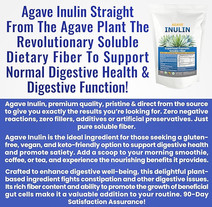 Organic Inulin Powder (48oz/3 lbs) Gentle Agave Prebiotic Soluble Fiber Supplement for Digestive Support, Gut Health, Vegan Baking, Smoothies & Drinks