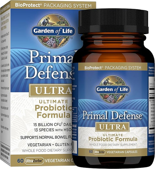 Garden of Life Probiotics for Digestive Health and Gut Health Balance, Primal Defense Ultra Ultimate Formula, 15 Billion CFU and 13 Strains Plus HSOs, Vegetarian and Gluten Free, 60 Capsules