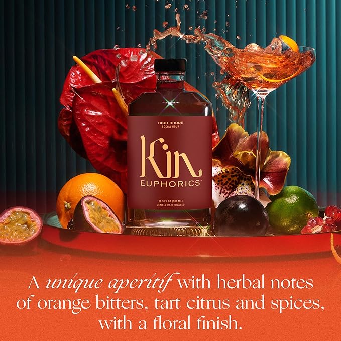 Kin Euphorics High Rhode Non-Alcoholic Aperitif | Elevate Your Social Hour | Adaptogens, Nootropics & Botanicals | Rhodiola Rosea, 5-HTP, GABA | Citrus, Bitters & Spices | 16.9 fl oz