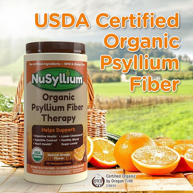NuSyllium Psyllium Husk Powder, USDA Organic, 30.5 Oz, Dietary Fiber Supplement with Brown Sugar, Helps Digestive Health* Natural Orange, 72 Servings