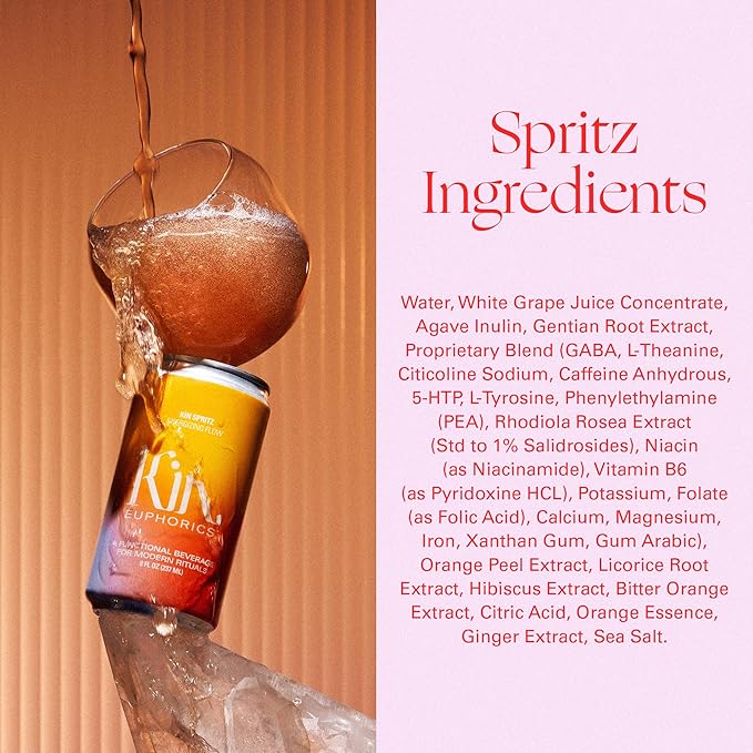 Kin Euphorics Kin Spritz Non-Alcoholic Functional Beverage | Invigorating Booster | Adaptogen & Nootropic Drink | Rhodiola Rosea, 5-HTP, GABA | Ready to Drink | 8 Fl Oz (8pk)