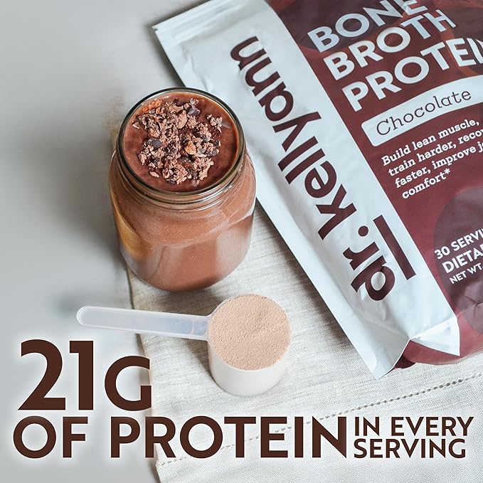 Dr. Kellyann Keto Bone Broth Protein Powder Chocolate - Protein 21g, 2g Net Carbs - Grass Fed Hydrolyzed Collagen - Sugar, Gluten and Dairy Free, Paleo, Keto Protein Shakes (30 Servings)