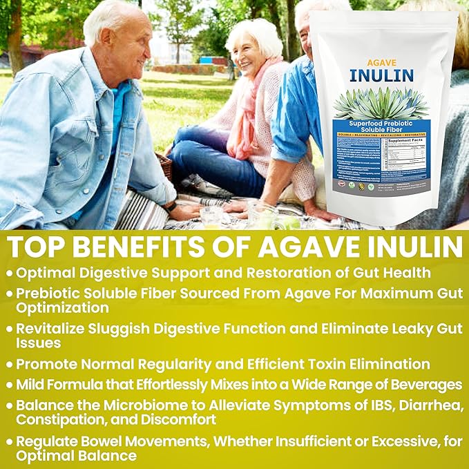 Organic Inulin Powder (48oz/3 lbs) Gentle Agave Prebiotic Soluble Fiber Supplement for Digestive Support, Gut Health, Vegan Baking, Smoothies & Drinks