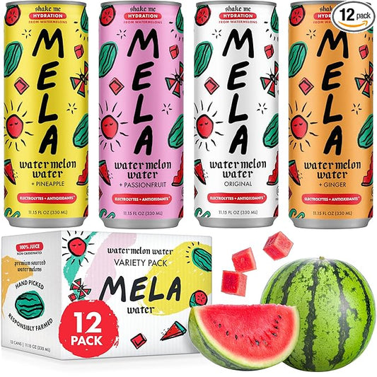 Mela Watermelon Water - Watermelon Juice, 100 Percent Natural Fruit Juice with Vitamin C, Electrolytes, Antioxidants - Coconut Water Alternative, Gluten-Free (Variety, 11.15 fl oz, 12-pack)