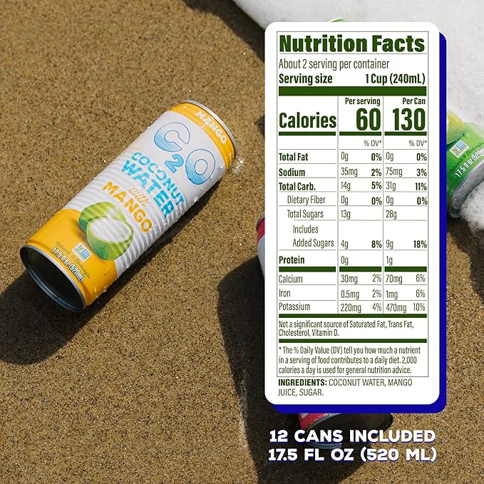 C2O - Coconut Water with Mango (12 Pack) - Made with Fresh Coconut Water - Plant Based - Non GMO - Canned Water - Natural Hydration, Essential Electrolytes, & Potassium - 12 Cans, 17.5 FL OZ