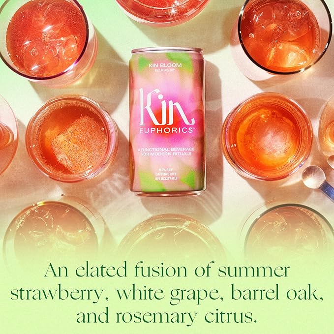 Kin Euphorics Kin Bloom Non-Alcoholic Functional Beverage | All day rosé | Elevate Your Mind & Spirit | Prebiotic | Strawberry, White Grape, Oak, Rosemary Citrus | 8 Fl Oz (24pk)