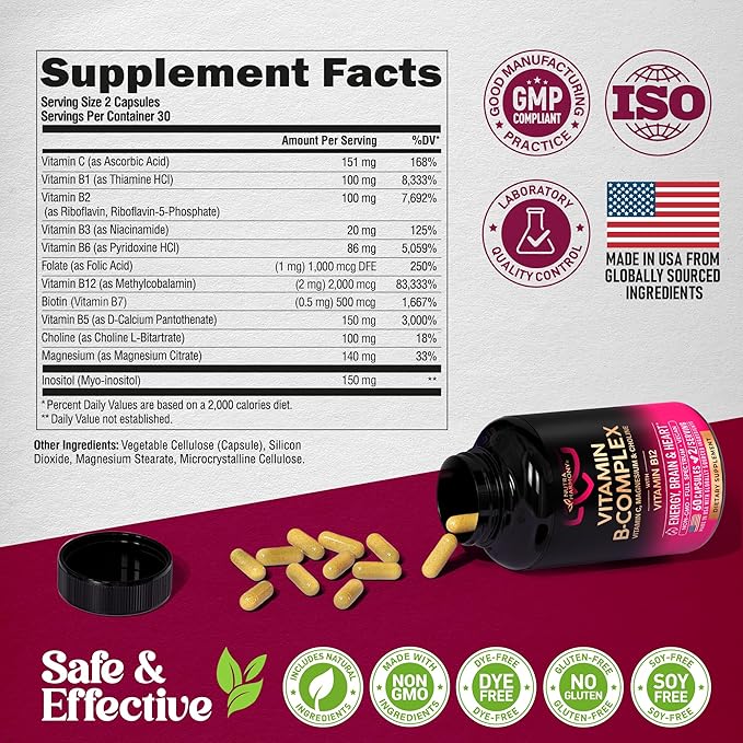 Riboflavin B2 + Vitamin B Complex for Men & Women - B12, B1, B3, B5, B6, B7, B8, B9 | Vitamin C, Choline, Inositol - B-Complex Supplement - Energy, Brain & Heart Support - Made in USA, 60 Vegan Caps