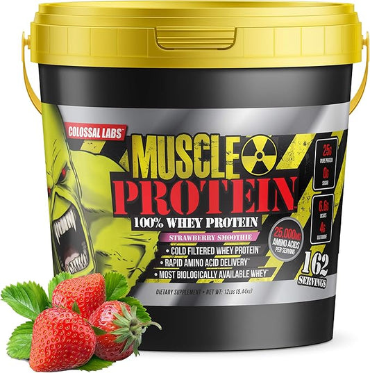 Muscle Protein Whey Powder [12 lbs/Pack of 1]– Cold Filtered, 25g Pure Protein, 6.6g BCAAs (Packaging May Vary) (12LB, Strawberry)