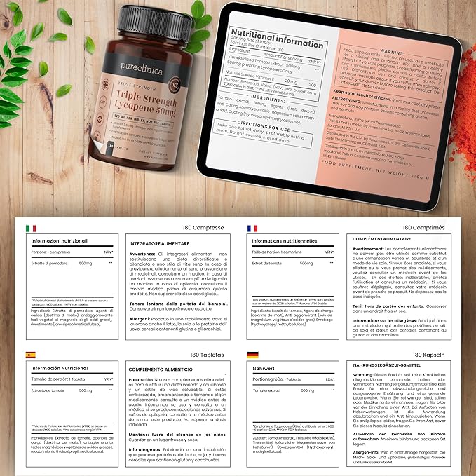 pureclinica 50mg Lycopene x 360 Tablets (2 Bottles of 180 Tablets Each - 12 Months Supply). Triple Strength Lycopene are 3 x Strength of Regular Tablets.