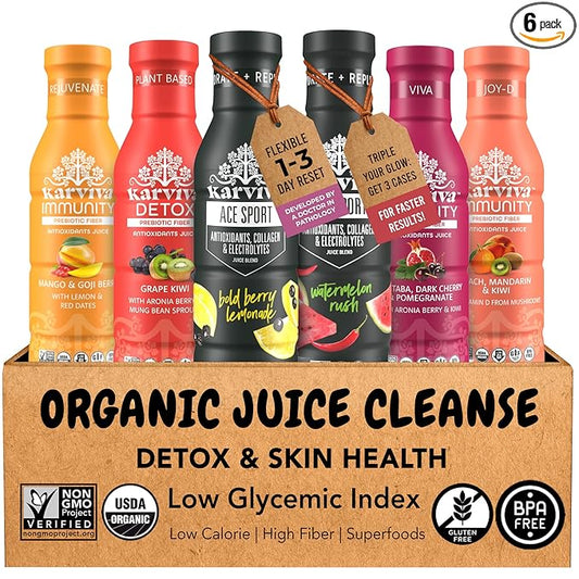 Karviva Organic Juice Cleanse & Skin Glowing Pack – Detox & Collagen Boost, Low-Sugar, High Fiber, Antioxidants & Vitamins – Ancient Remedies For Weight Control & Sugar Detox, 1–3 Day Use (6 BPA-Free Bottles, 12 oz)