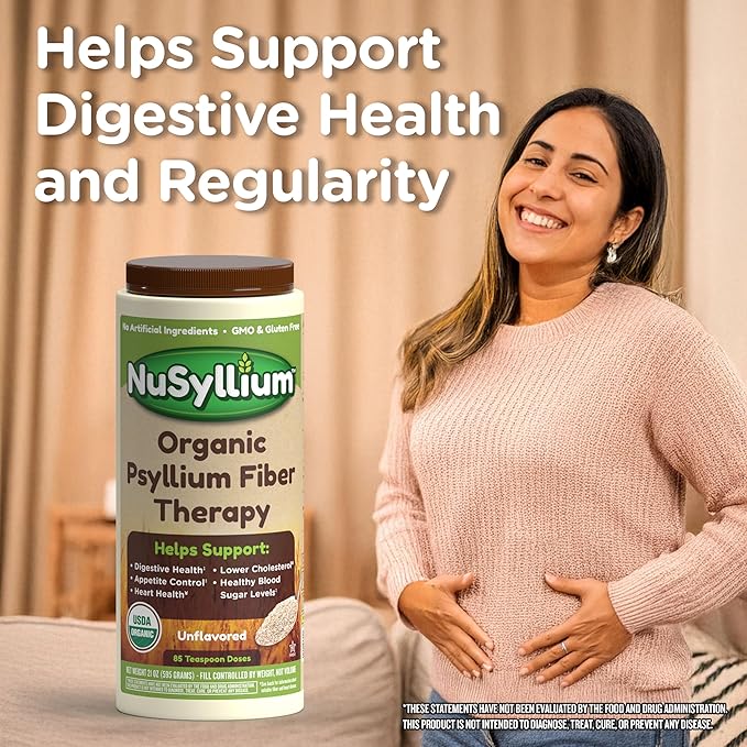NuSyllium Psyllium Husk Powder, USDA Organic, 30.5 Oz, Dietary Fiber Supplement with Brown Sugar, Helps Digestive Health* Natural Orange, 72 Servings