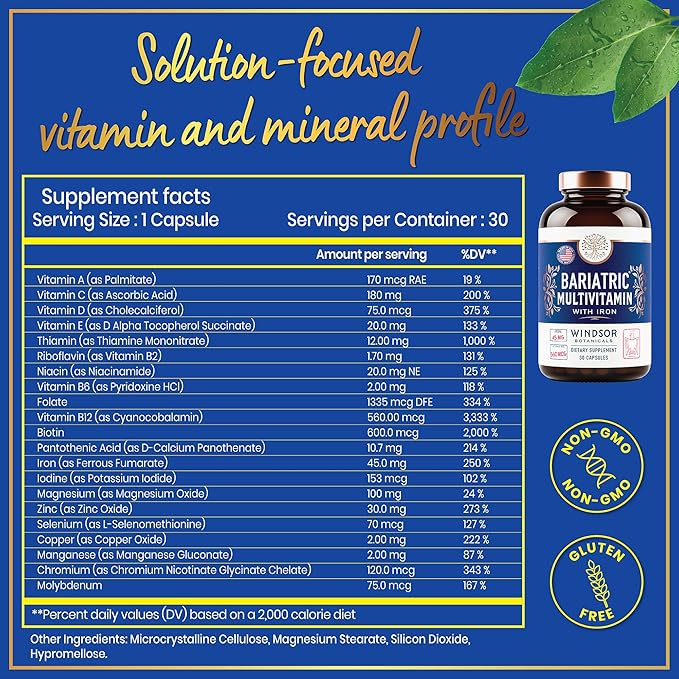 Bariatric Multivitamin with Iron - 45mg Iron Easy to Swallow, One a Day Bariatric Vitamins for Women and Men - Gastric Bypass, Gastric Sleeve Recovery Vitamin Multivitamins - 30 Caps