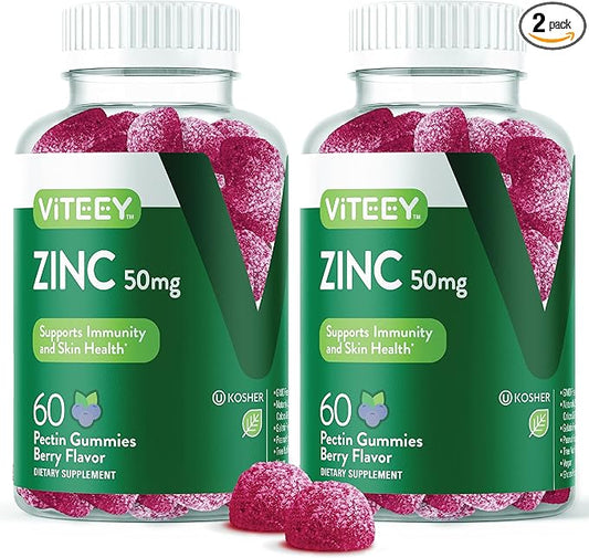 VITEEY Zinc Gummies Adult & Teens - 50mg - Immune Health Support & Antioxidant Support - Vitamin Zinc Supplement - Vegan, Gelatin Free, GMO Free - Tasty Chewable Berry Flavored Gummy