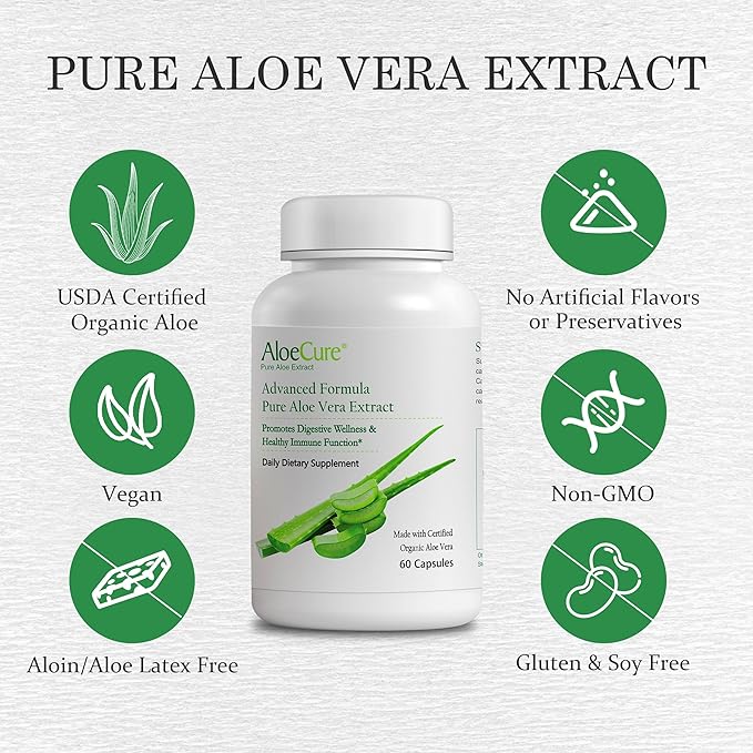 AloeCure Organic Aloe Vera Capsules, 160,000mg Inner Aloe Leaf Equivalent per Serving, Support Gut, Digestive, & Immune Health, Helps Maintain Balanced Stomach Acidity, Aloin Free, 60 Capsules