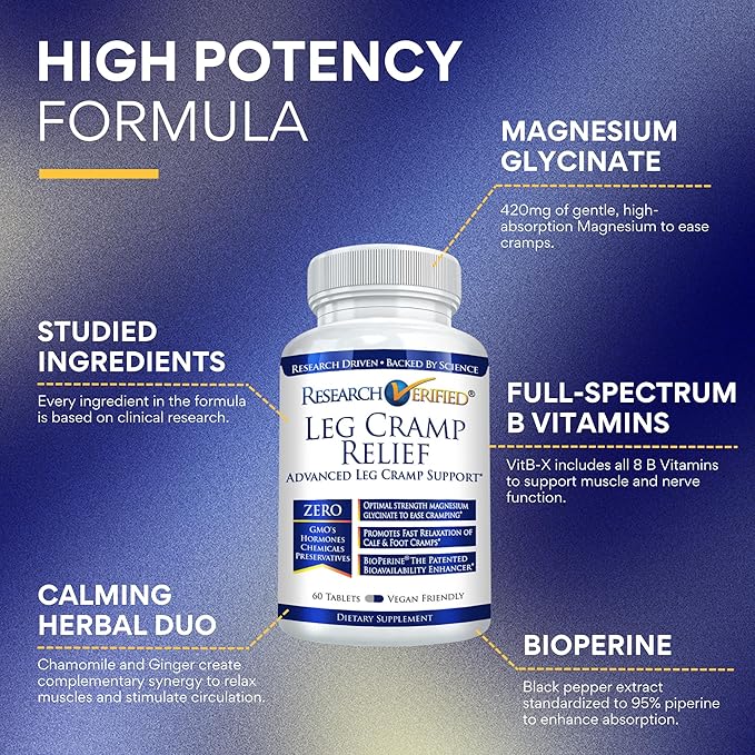 Research Verified Leg Cramps - Magnesium, B Vitamins, Ginger, Chamomile, BioPerine - Circulation Support - Vegan - 180 Capsules, 3 Month Supply