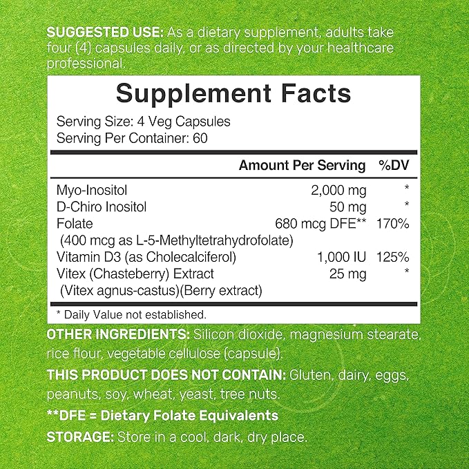 Myo-Inositol & D-Chiro Inositol Supplement for Women (40:1) | 2,050mg Per Serving | 240 Veggie Capsules | with Folate, Vitamin D3 & Vitex | Hormonal Balance & Cycle Support | Non-GMO